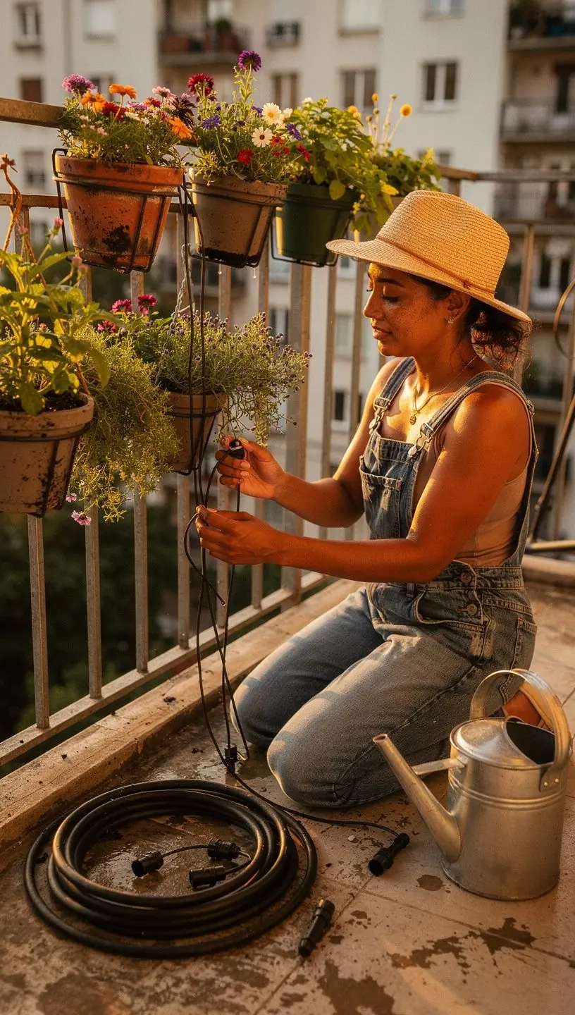 Urban balcony with automated drip irrigation system